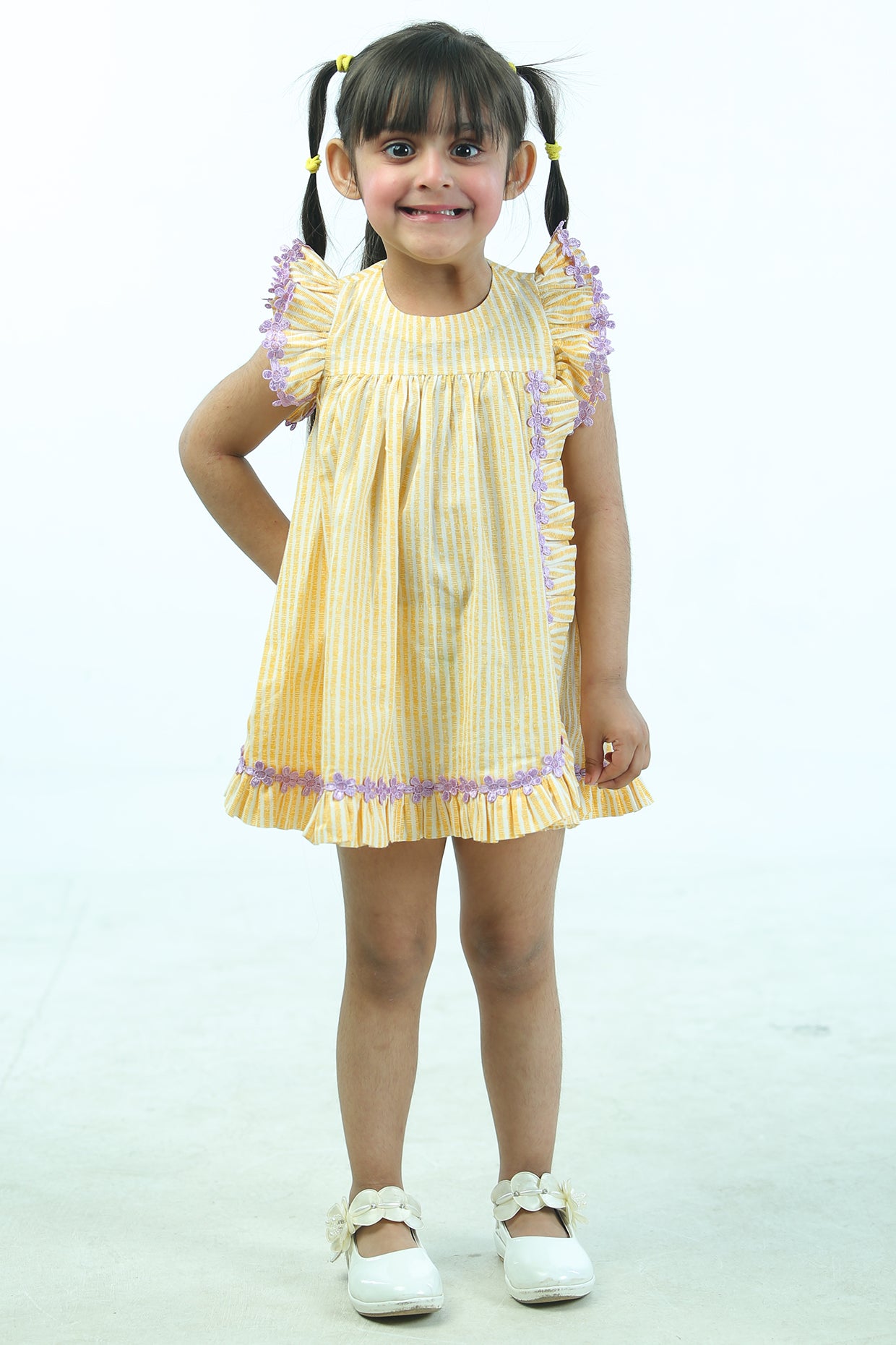 Lemon Yellow & White Cambric Cotton Striped Dress For Girls by Pankhuri by Priyanka - Kids at Pernia's Pop Up Shop