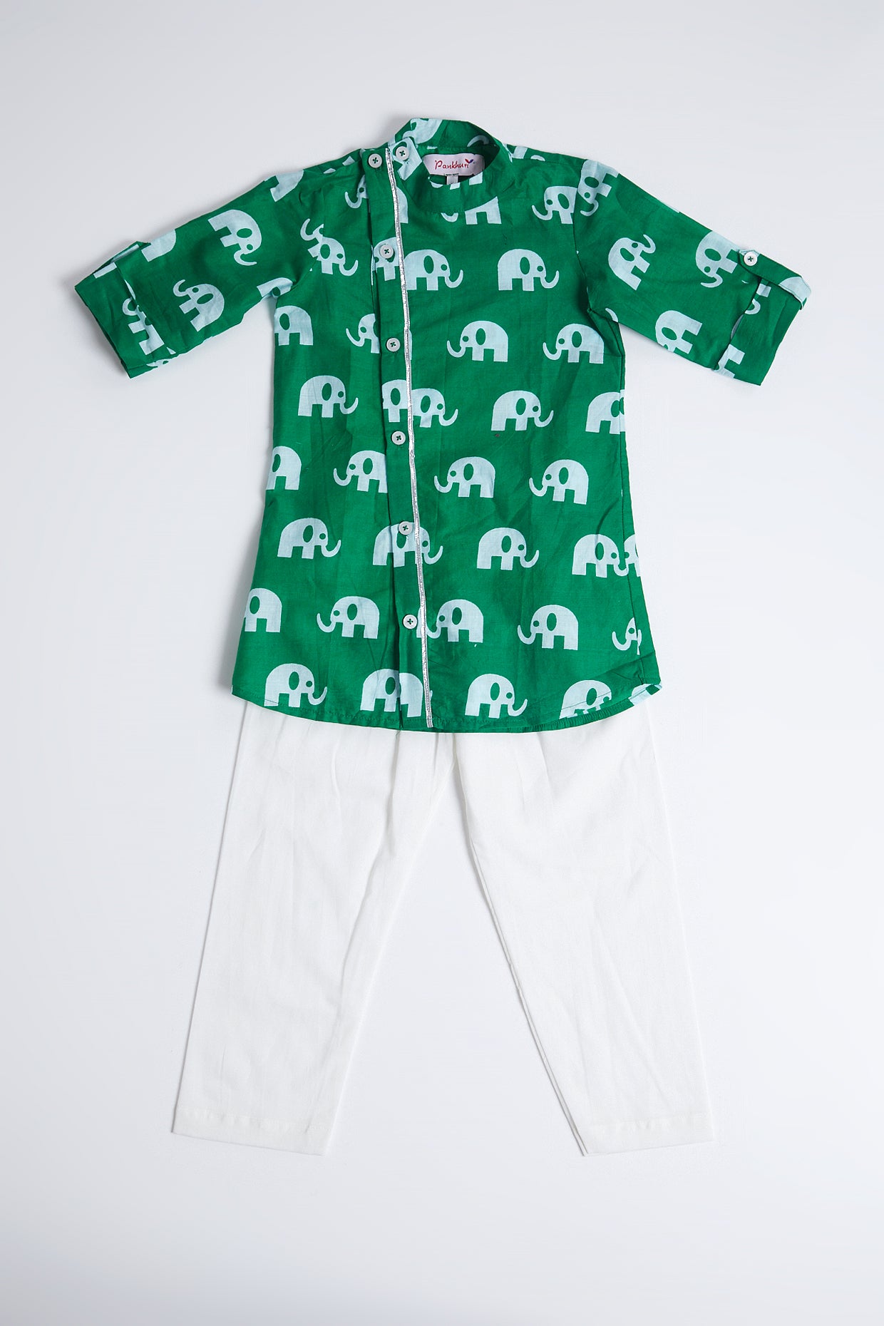 Green Elephant Printed Kurta Set For Boys by Pankhuri by Priyanka - Kids at Pernia's Pop Up Shop