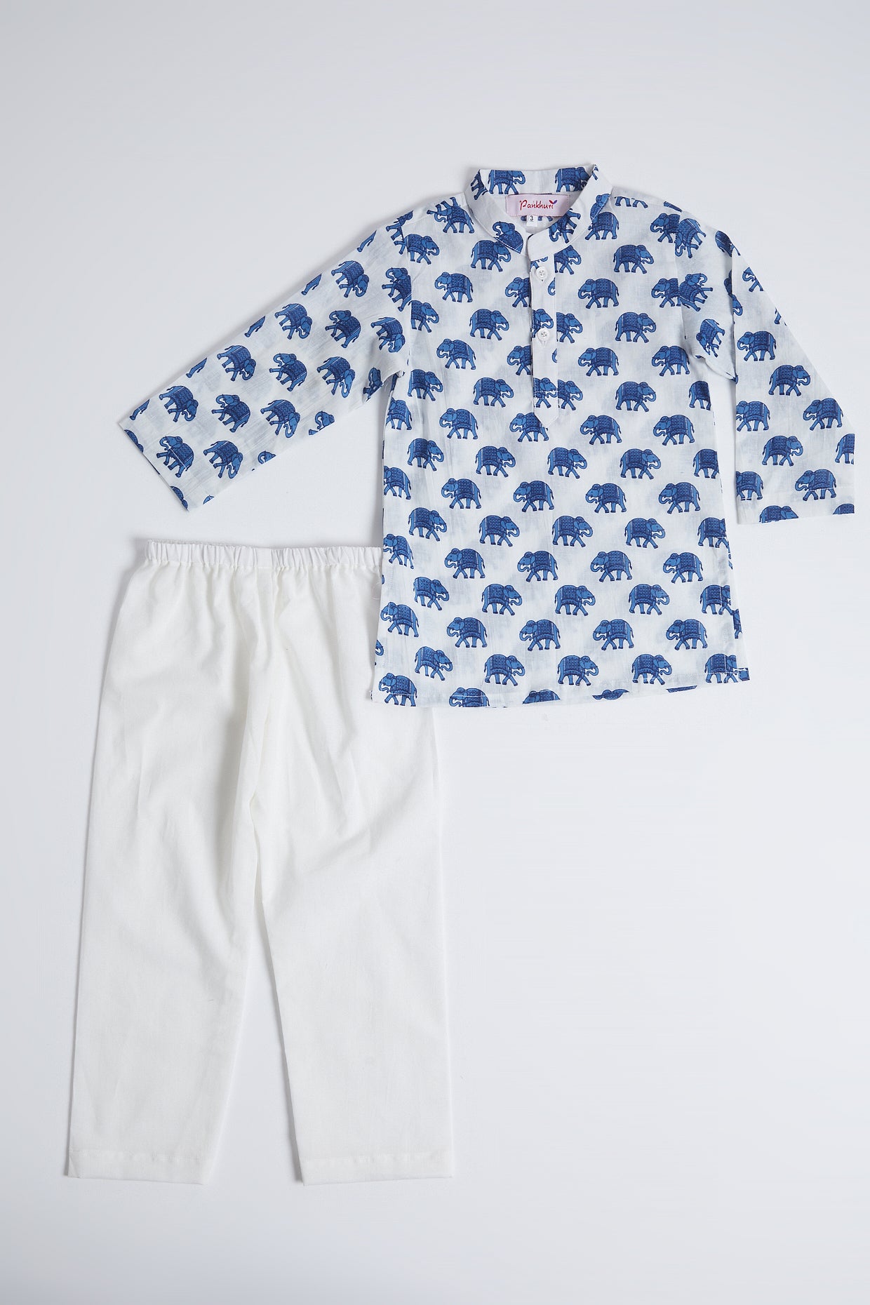 Blue & White Elephant Printed Kurta Set For Boys by Pankhuri by Priyanka - Kids at Pernia's Pop Up Shop