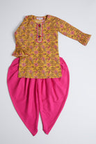 Turmeric Yellow & Pink Printed Dhoti Set For Girls by Pankhuri by Priyanka - Kids at Pernia's Pop Up Shop