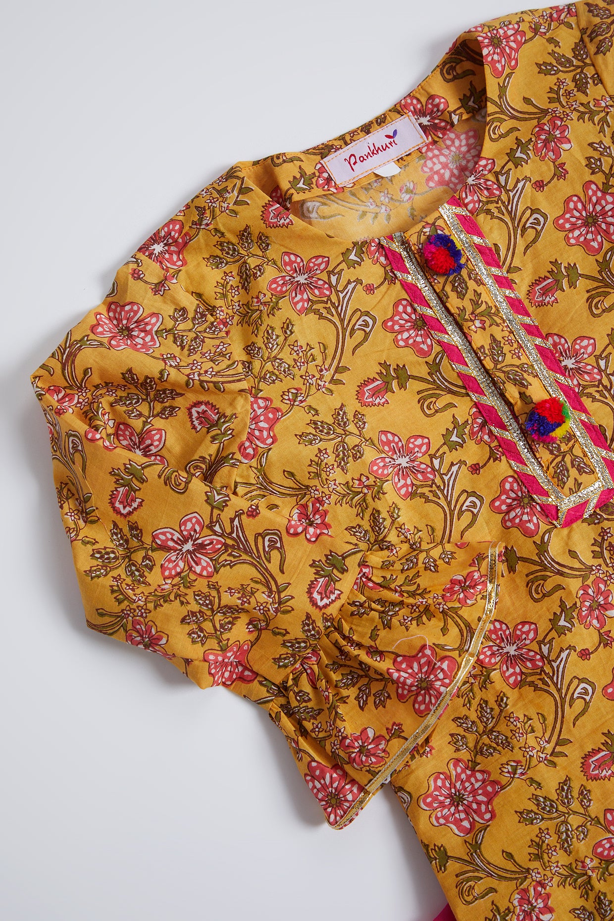 Turmeric Yellow & Pink Printed Dhoti Set For Girls by Pankhuri by Priyanka - Kids at Pernia's Pop Up Shop