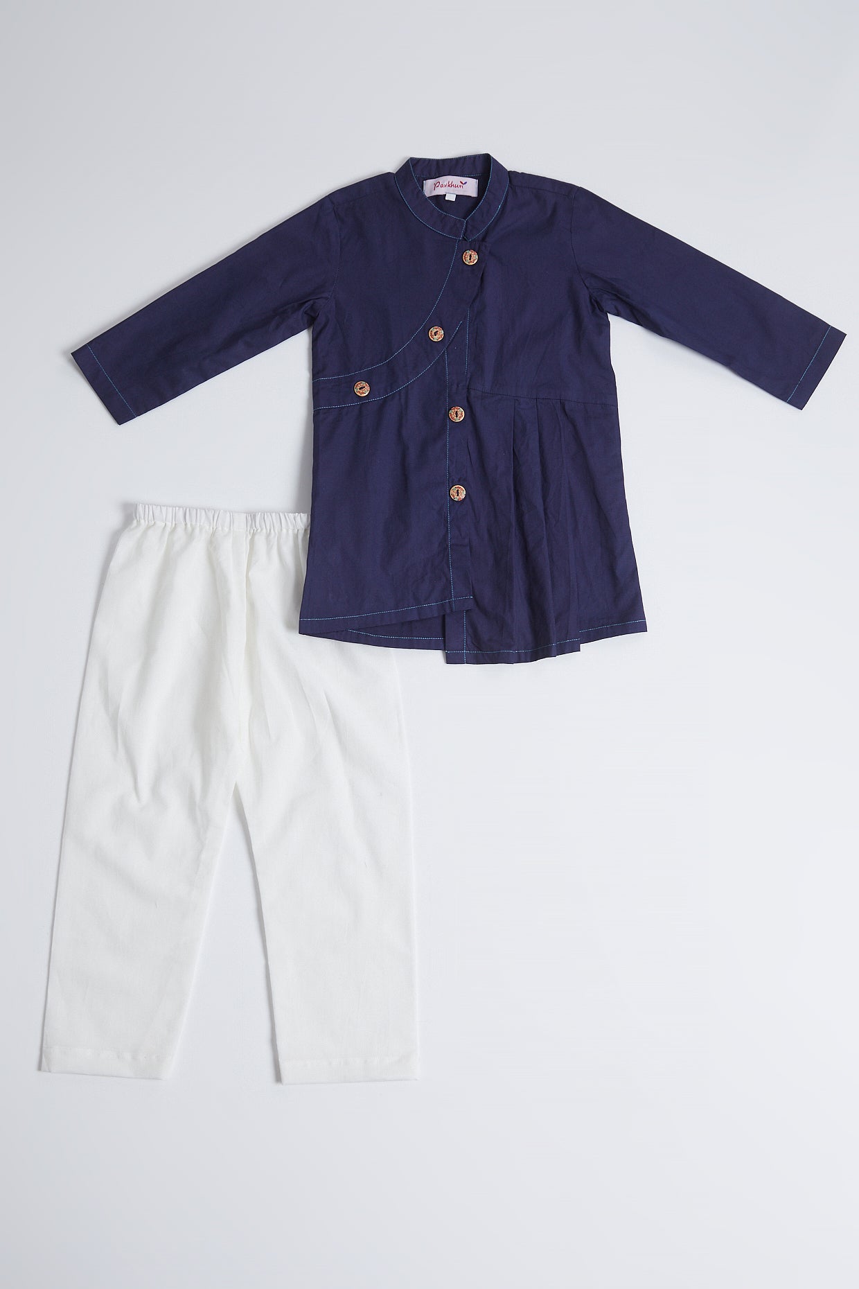Navy Blue & White Cotton Kurta Set For Boys by Pankhuri by Priyanka - Kids at Pernia's Pop Up Shop