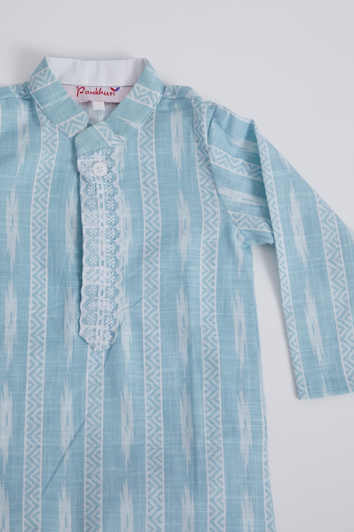 Powder Blue Ikat Printed Kurta Set For Boys by Pankhuri by Priyanka - Kids at Pernia's Pop Up Shop