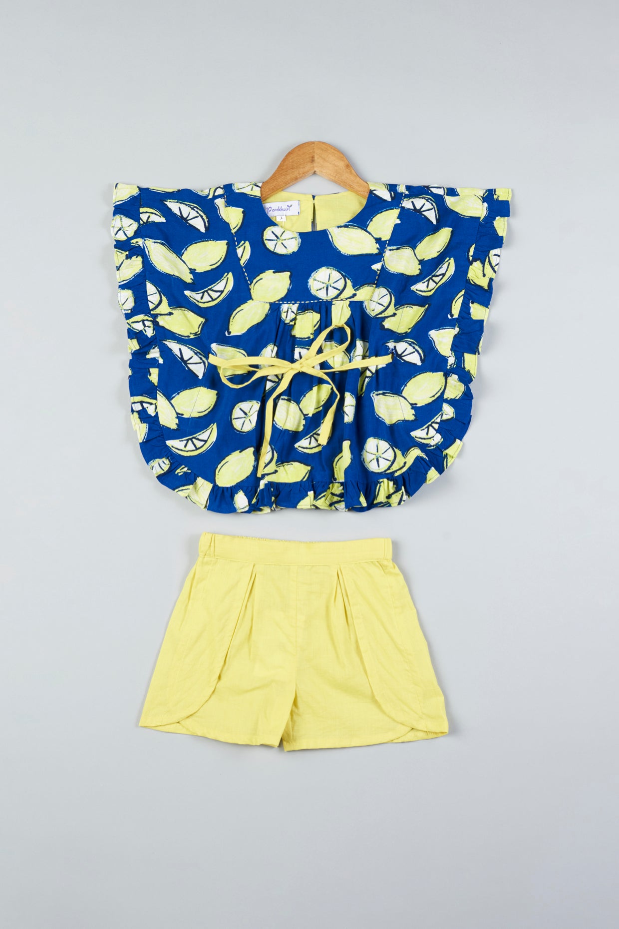 Blue & Yellow Printed Co-Ord Set For Girls by Pankhuri by Priyanka - Kids at Pernia's Pop Up Shop