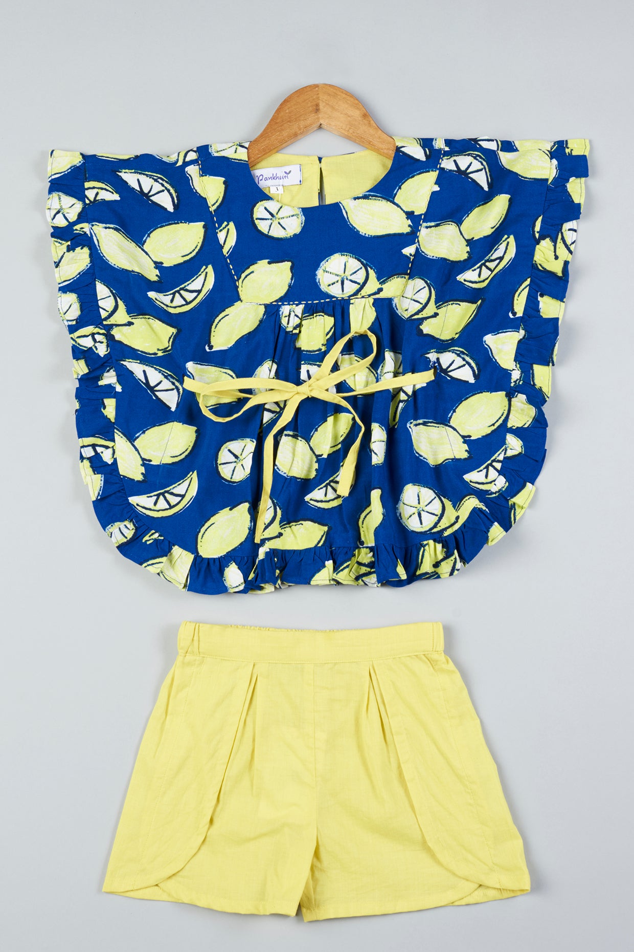 Blue & Yellow Printed Co-Ord Set For Girls by Pankhuri by Priyanka - Kids at Pernia's Pop Up Shop