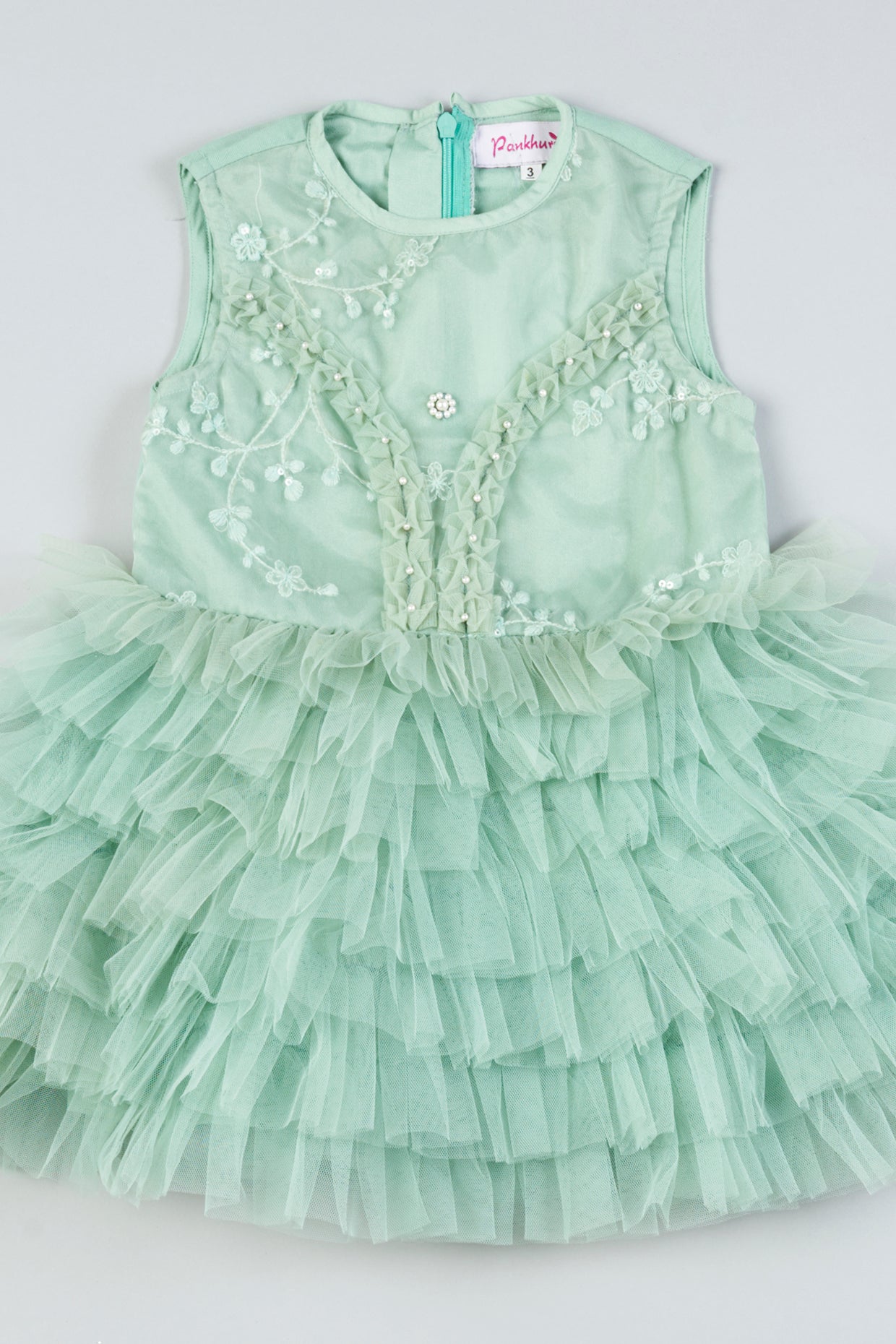 Sea Green Embroidered Frock For Girls by Pankhuri by Priyanka - Kids at Pernia's Pop Up Shop