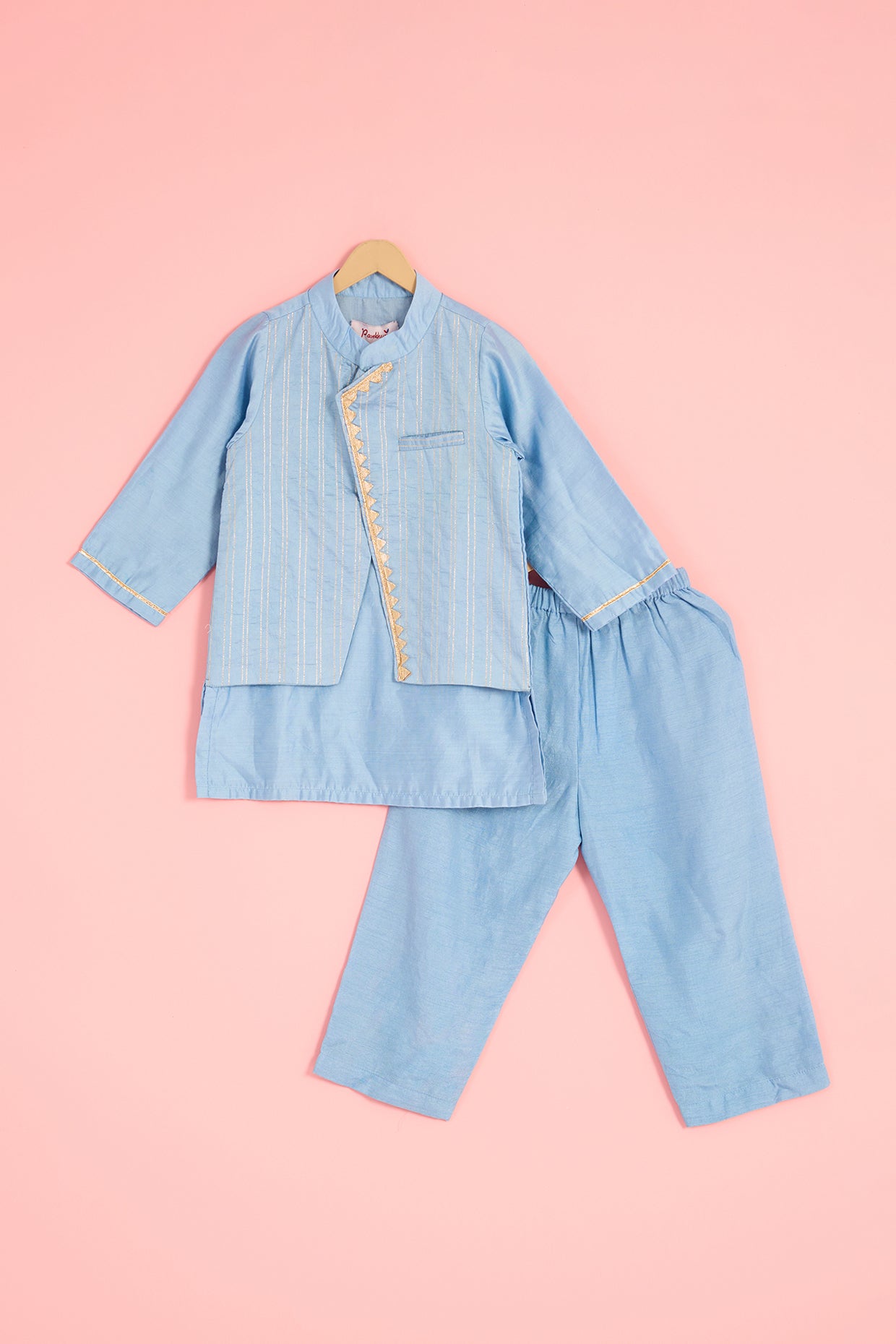 Ice Blue Chanderi Zari Embroidered & Geometric Printed Kurta Set For Boys by Pankhuri by Priyanka - Kids at Pernia's Pop Up Shop