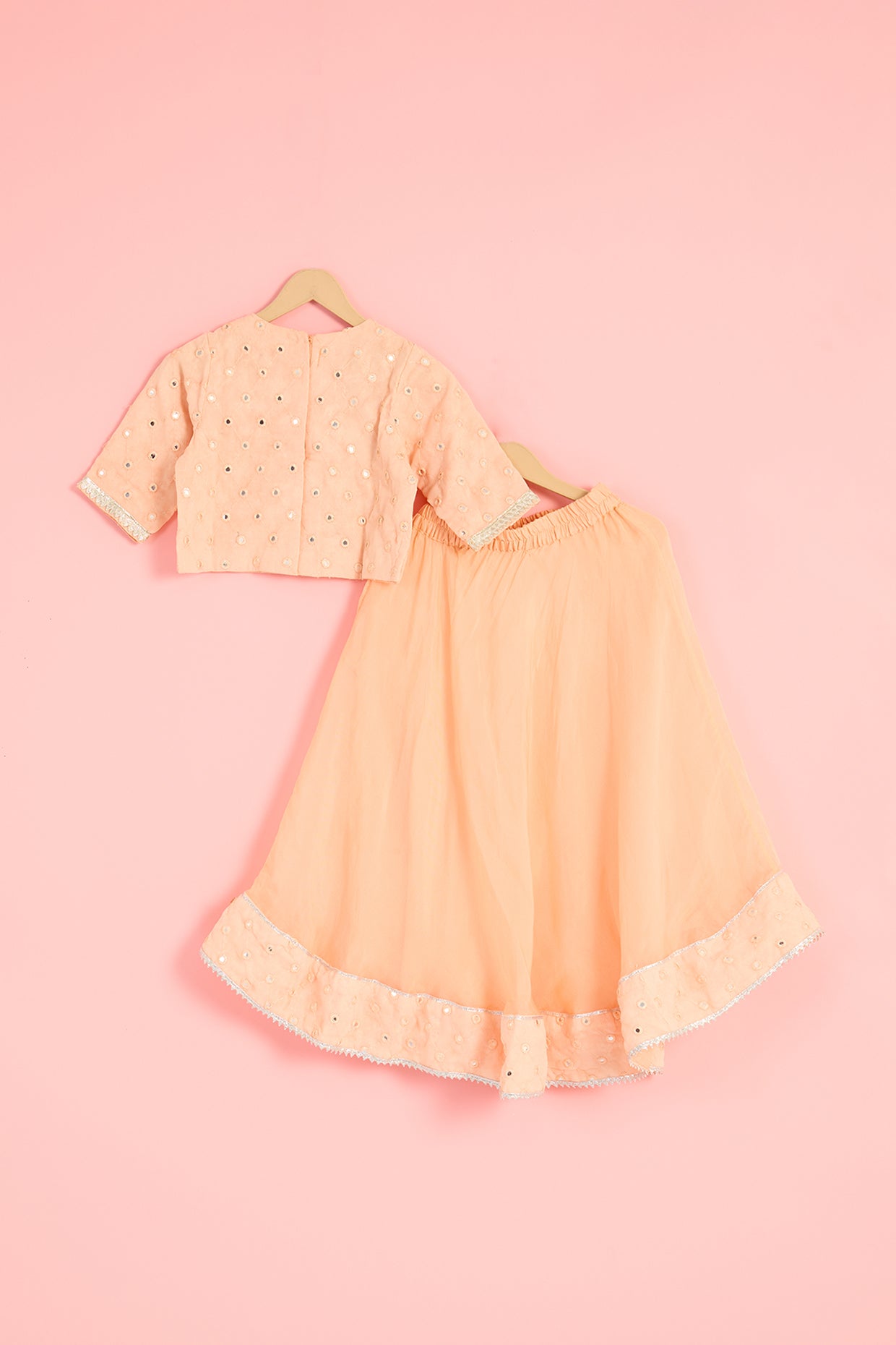 Peach Organza Mirror Embroidered Lehenga Set For Girls by Pankhuri by Priyanka - Kids at Pernia's Pop Up Shop