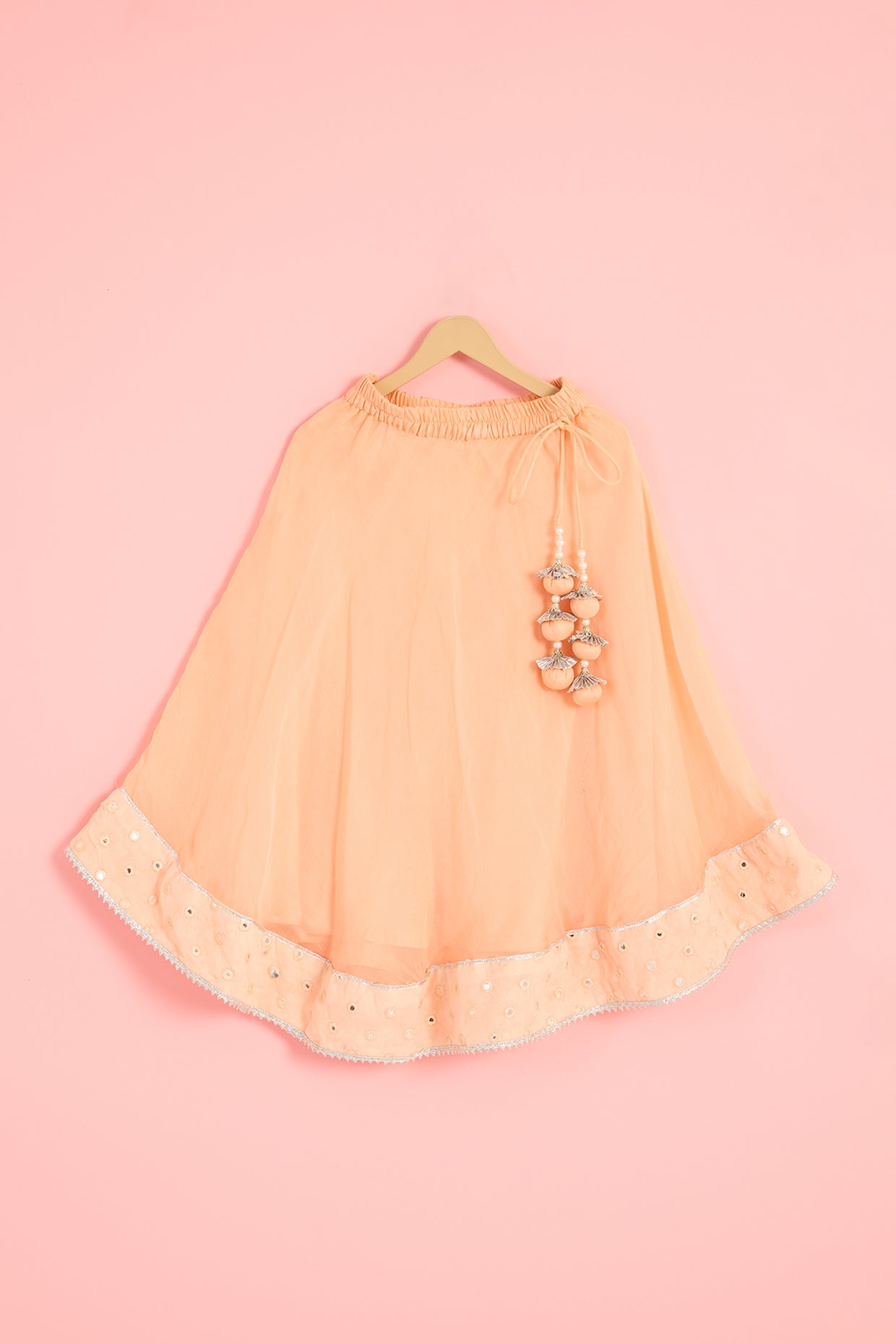 Peach Organza Mirror Embroidered Lehenga Set For Girls by Pankhuri by Priyanka - Kids at Pernia's Pop Up Shop
