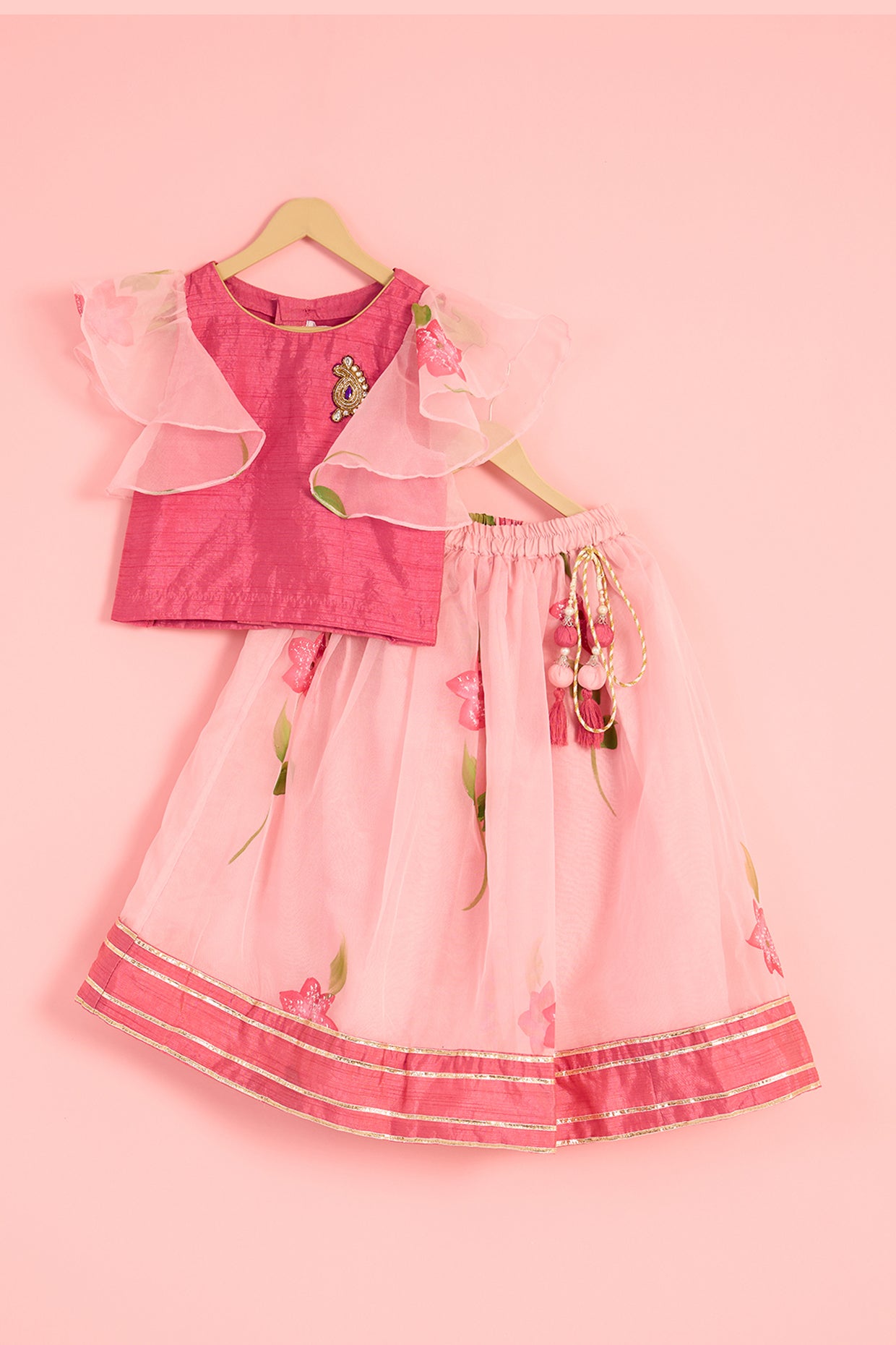 Blush Pink Organza Floral Hand-Painted Lehenga Set For Girls by Pankhuri by Priyanka - Kids at Pernia's Pop Up Shop