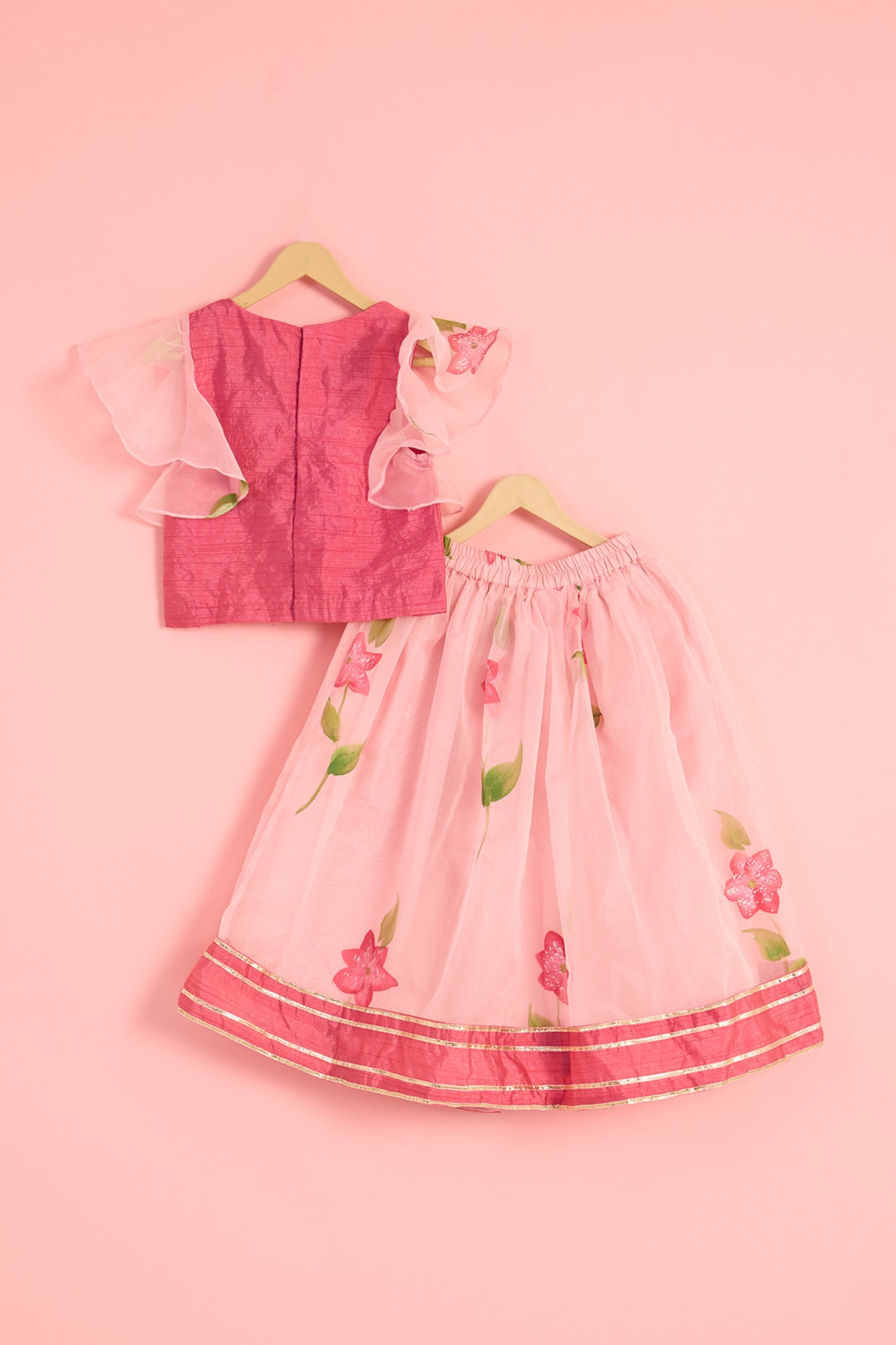 Blush Pink Organza Floral Hand-Painted Lehenga Set For Girls by Pankhuri by Priyanka - Kids at Pernia's Pop Up Shop