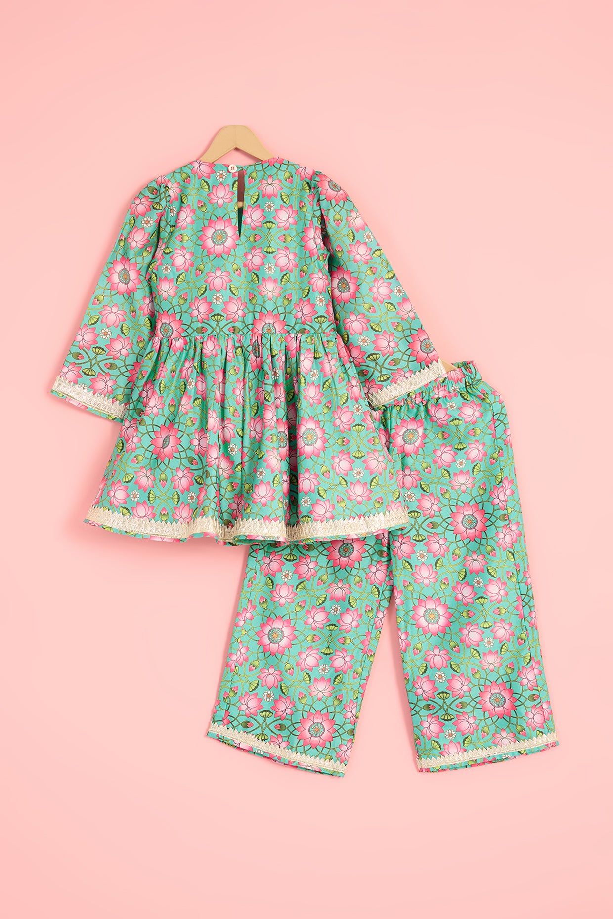 Turquoise Silk Floral Print & Gota Lace Embellished Kurta Set For Girls by Pankhuri by Priyanka - Kids at Pernia's Pop Up Shop