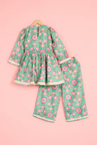 Turquoise Silk Floral Print & Gota Lace Embellished Kurta Set For Girls by Pankhuri by Priyanka - Kids at Pernia's Pop Up Shop