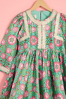 Turquoise Silk Floral Print & Gota Lace Embellished Kurta Set For Girls by Pankhuri by Priyanka - Kids at Pernia's Pop Up Shop