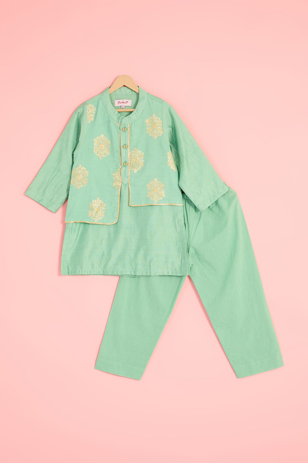 Green Chanderi Blend Embroidered Kurta Set For Boys by Pankhuri by Priyanka - Kids at Pernia's Pop Up Shop