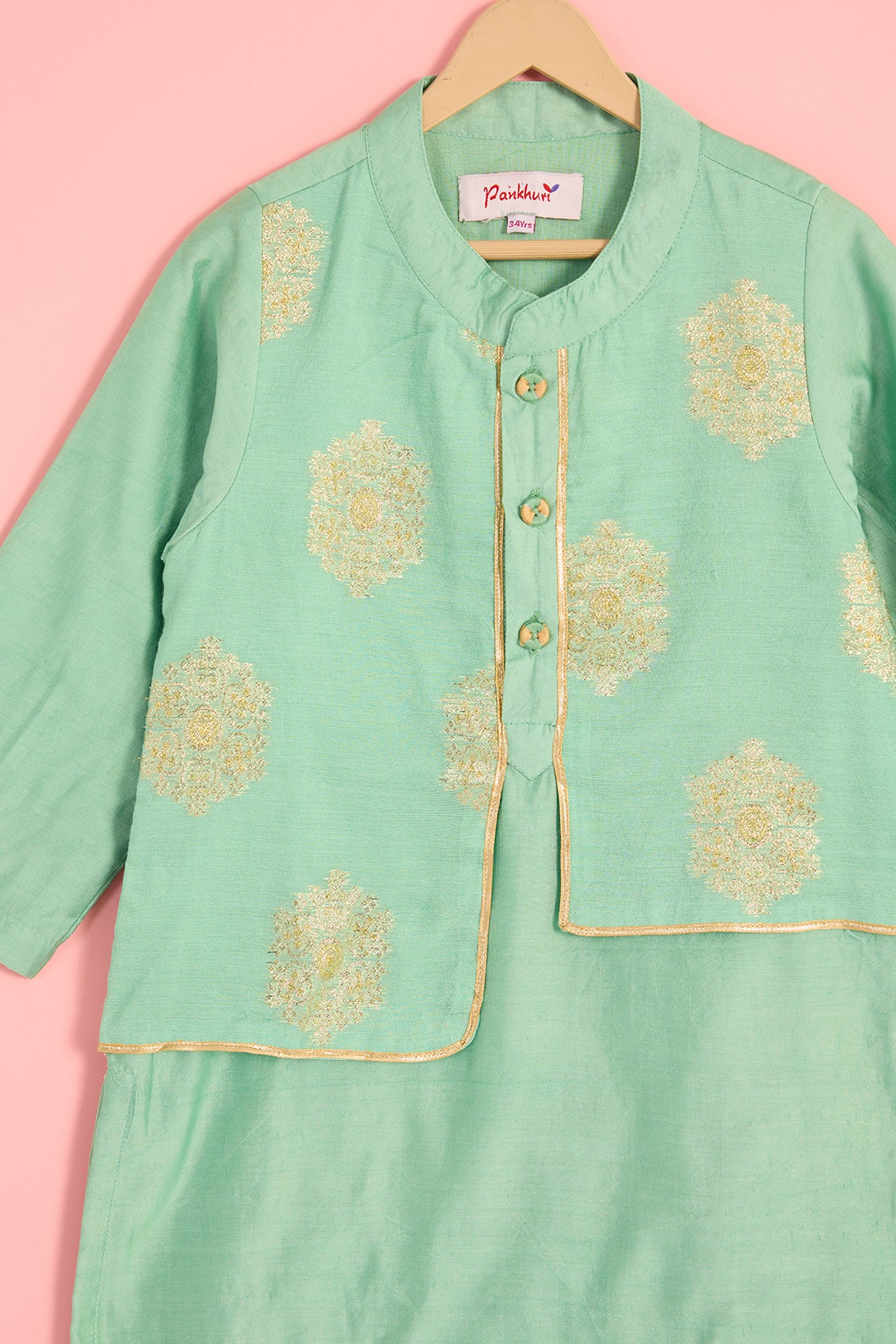 Green Chanderi Blend Embroidered Kurta Set For Boys by Pankhuri by Priyanka - Kids at Pernia's Pop Up Shop
