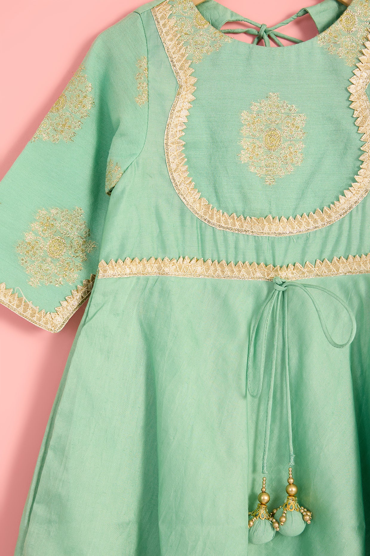 Green Zari Chanderi Embellished Kurta Set For Girls by Pankhuri by Priyanka - Kids at Pernia's Pop Up Shop