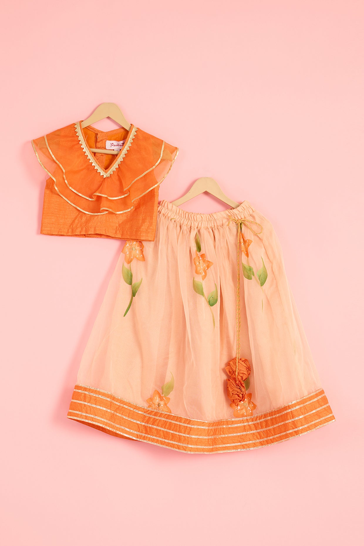 Orange Organza Hand-Painted Lehenga Set For Girls by Pankhuri by Priyanka - Kids at Pernia's Pop Up Shop