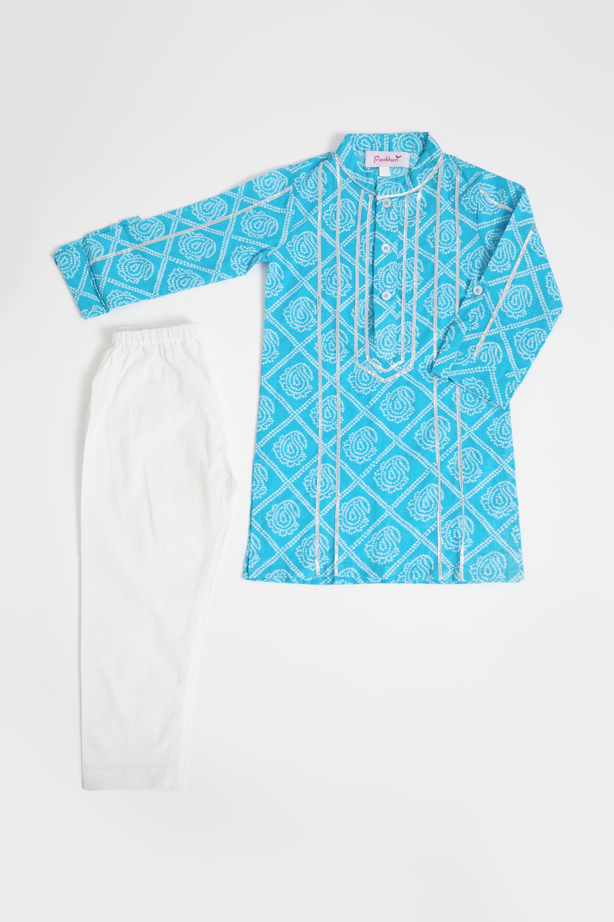 Blue Bandhani Printed Kurta Set For Boys by Pankhuri by Priyanka - Kids at Pernia's Pop Up Shop
