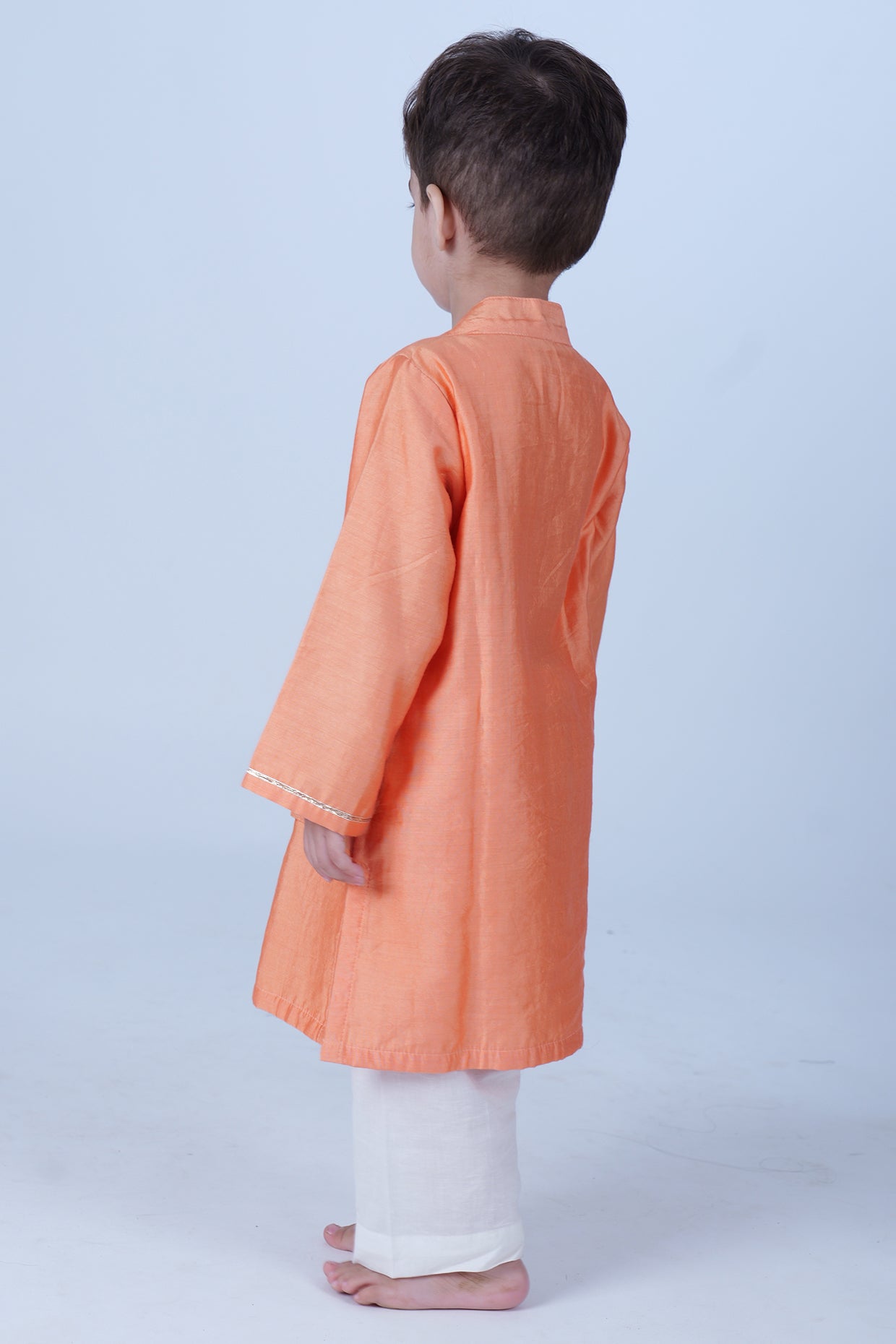 Peach Chanderi Zari Butta Printed Kurta Set For Boys by Pankhuri by Priyanka - Kids at Pernia's Pop Up Shop