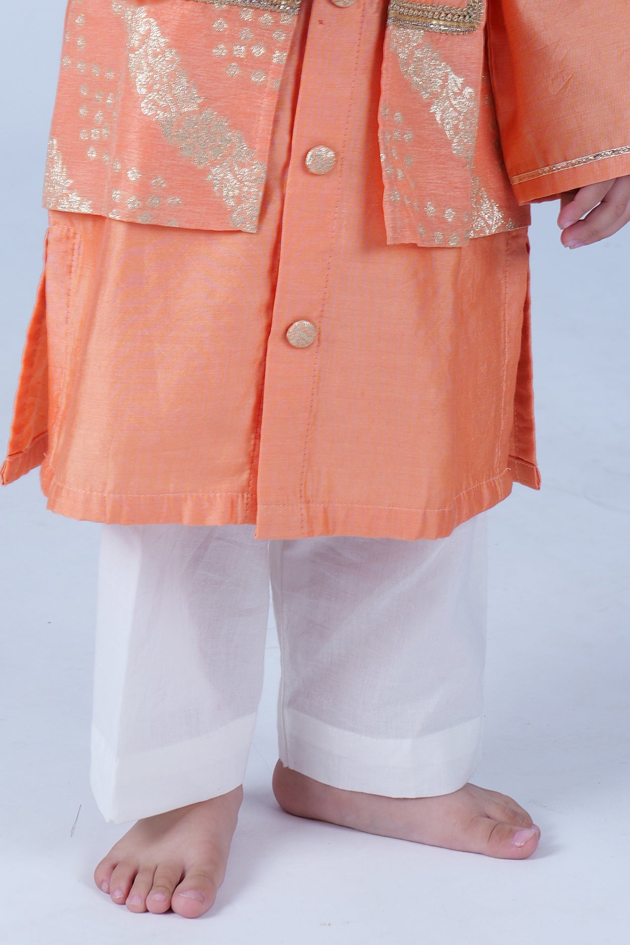 Peach Chanderi Zari Butta Printed Kurta Set For Boys by Pankhuri by Priyanka - Kids at Pernia's Pop Up Shop