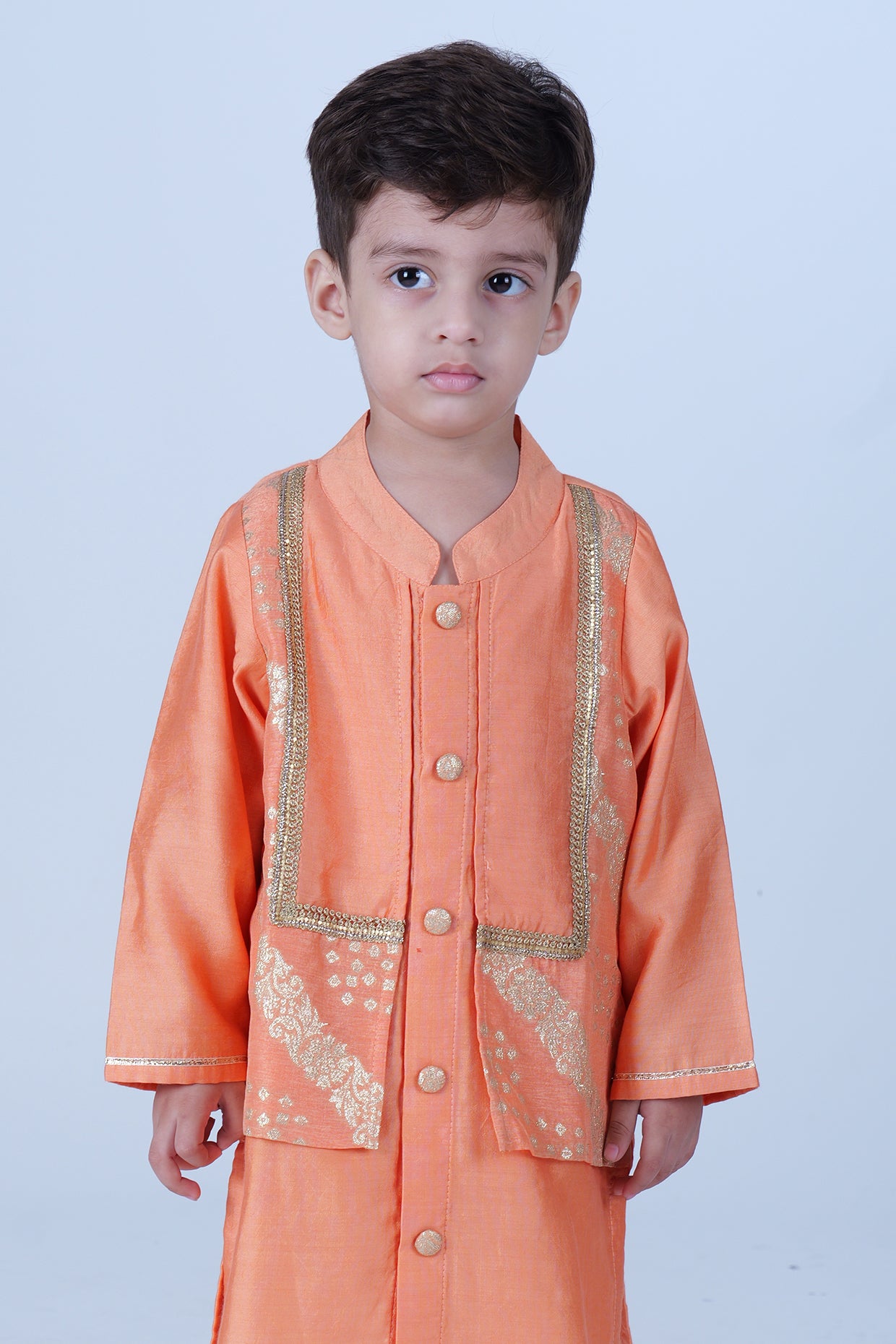 Peach Chanderi Zari Butta Printed Kurta Set For Boys by Pankhuri by Priyanka - Kids at Pernia's Pop Up Shop
