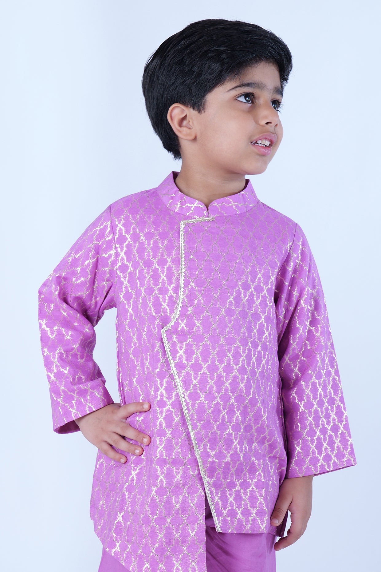 Lilac Chanderi Zari Butta Printed Kurta Set For Boys by Pankhuri by Priyanka - Kids at Pernia's Pop Up Shop