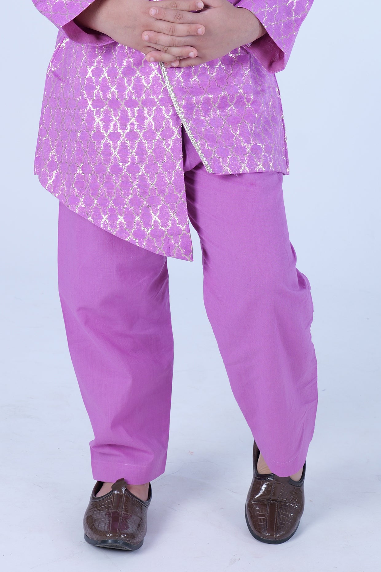 Lilac Chanderi Zari Butta Printed Kurta Set For Boys by Pankhuri by Priyanka - Kids at Pernia's Pop Up Shop
