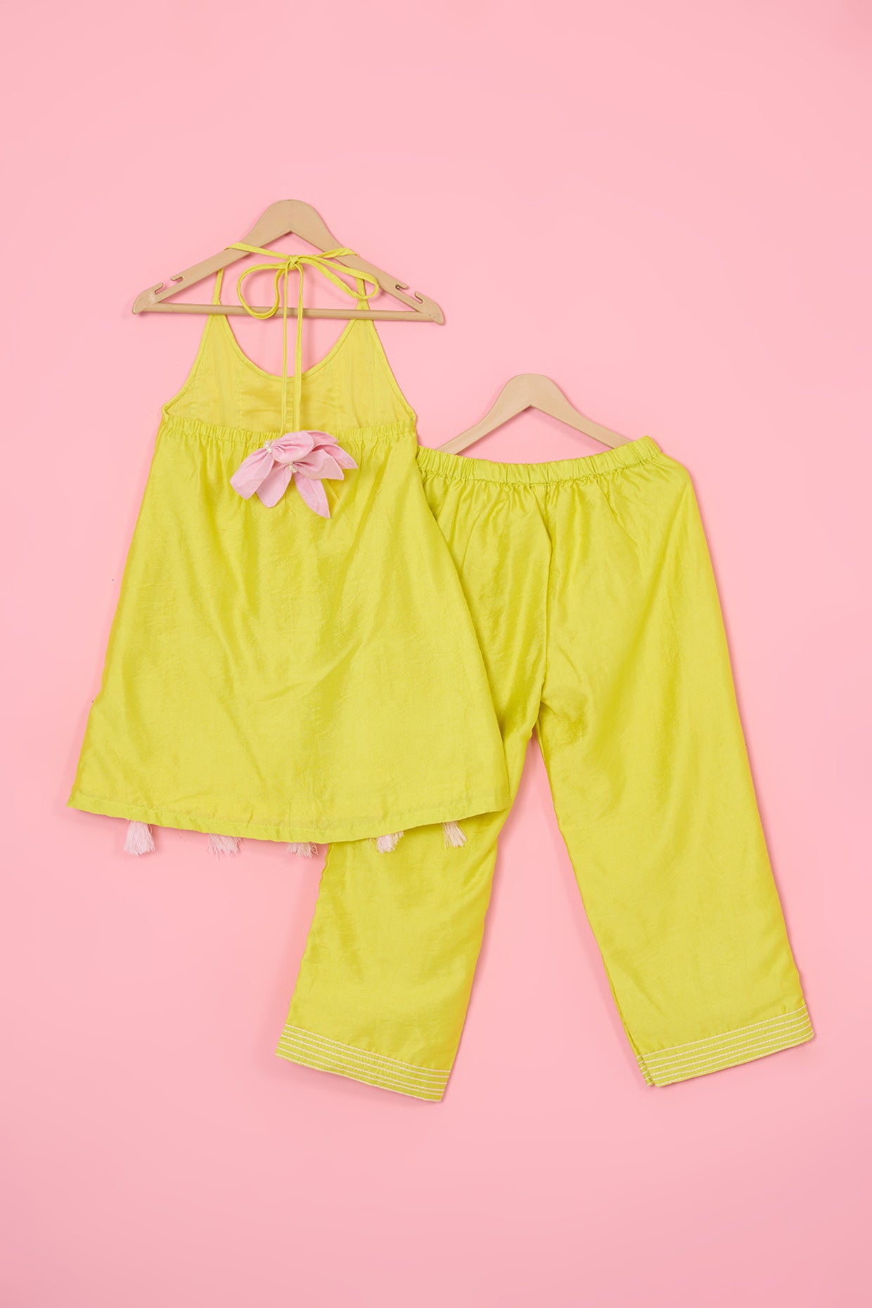 Lemon Yellow Chanderi Palazzo Pant Set For Girls by Pankhuri by Priyanka - Kids at Pernia's Pop Up Shop