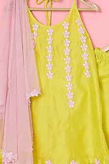 Lemon Yellow Chanderi Palazzo Pant Set For Girls by Pankhuri by Priyanka - Kids at Pernia's Pop Up Shop