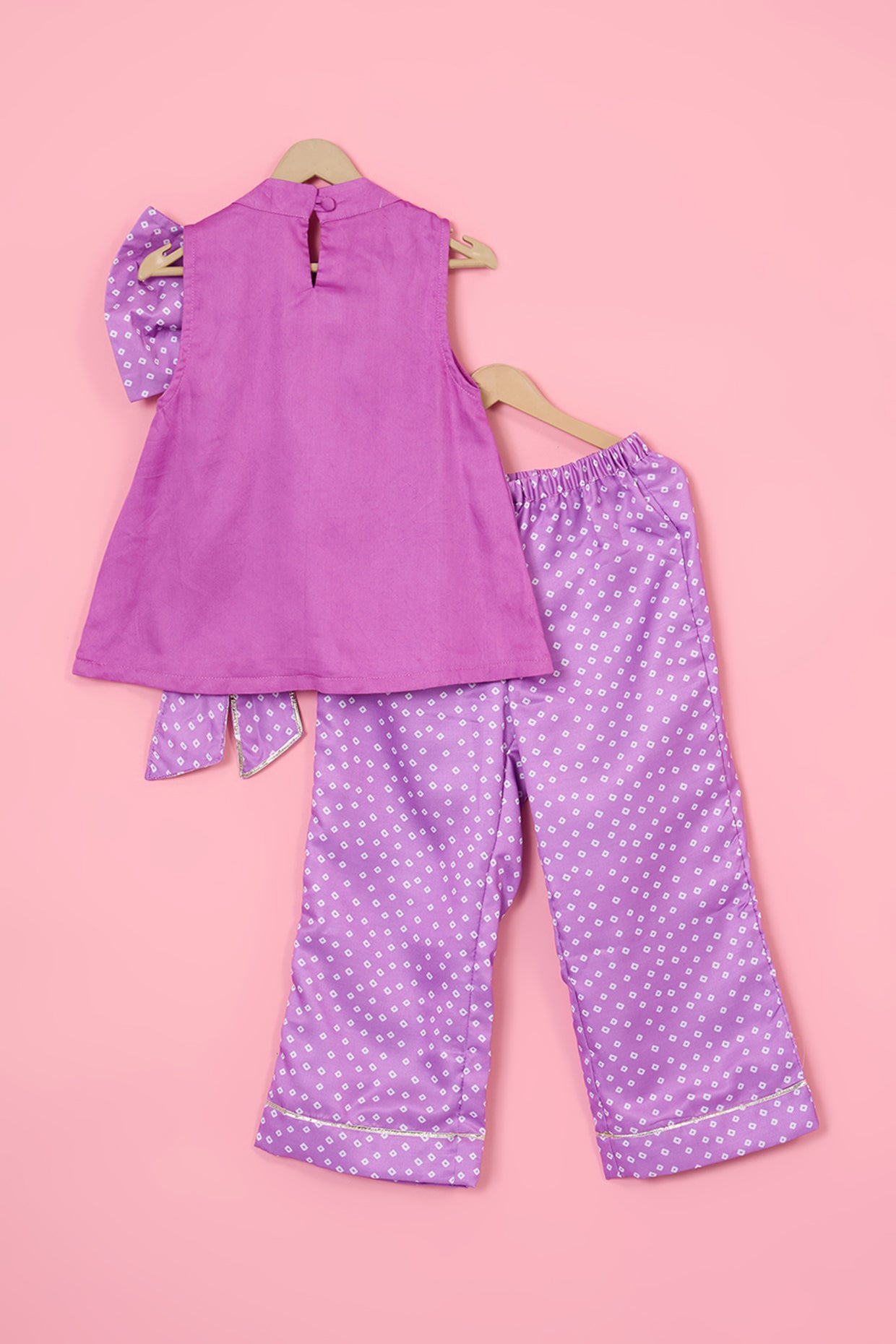 Purple Modal Satin Bandhani Printed Co-ord Set For Girls by Pankhuri by Priyanka - Kids at Pernia's Pop Up Shop