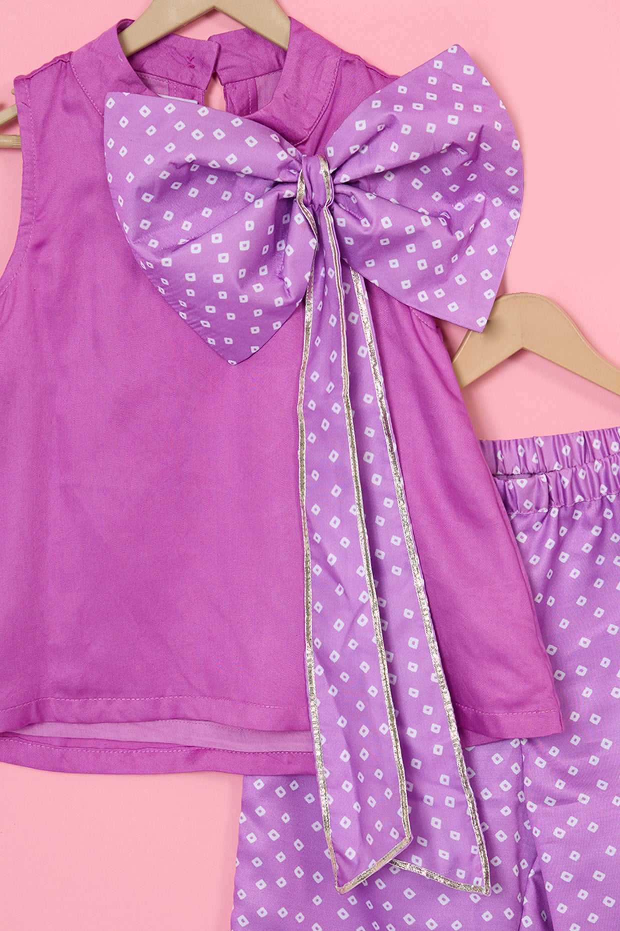 Purple Modal Satin Bandhani Printed Co-ord Set For Girls by Pankhuri by Priyanka - Kids at Pernia's Pop Up Shop