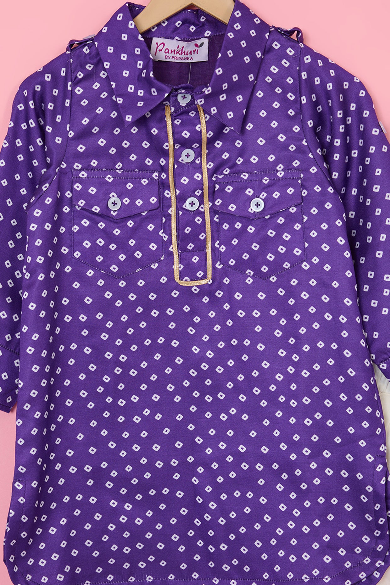 Purple Modal Satin Bandhani Printed Kurta Set For Boys by Pankhuri by Priyanka - Kids at Pernia's Pop Up Shop