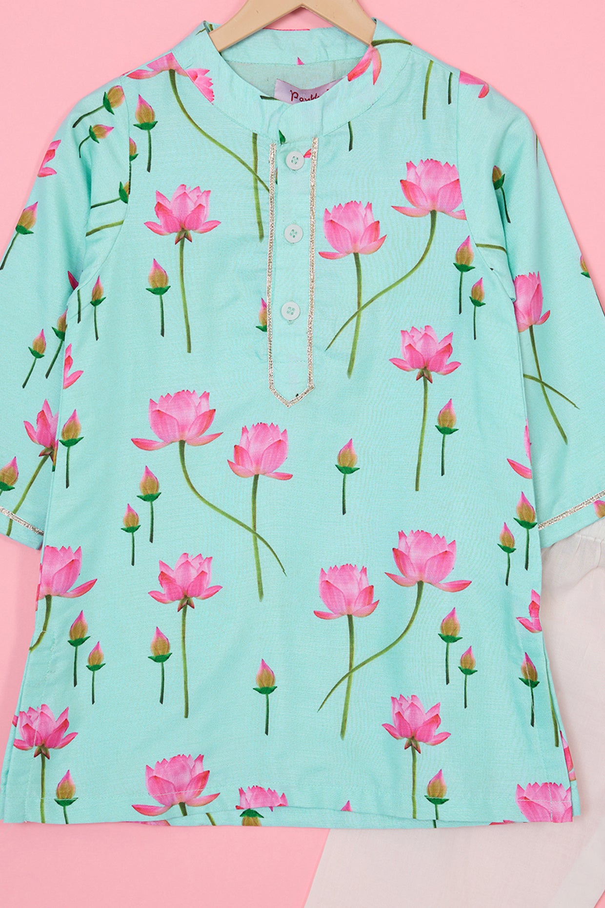 Powder Blue Silk Floral Printed Kurta Set For Boys by Pankhuri by Priyanka - Kids at Pernia's Pop Up Shop