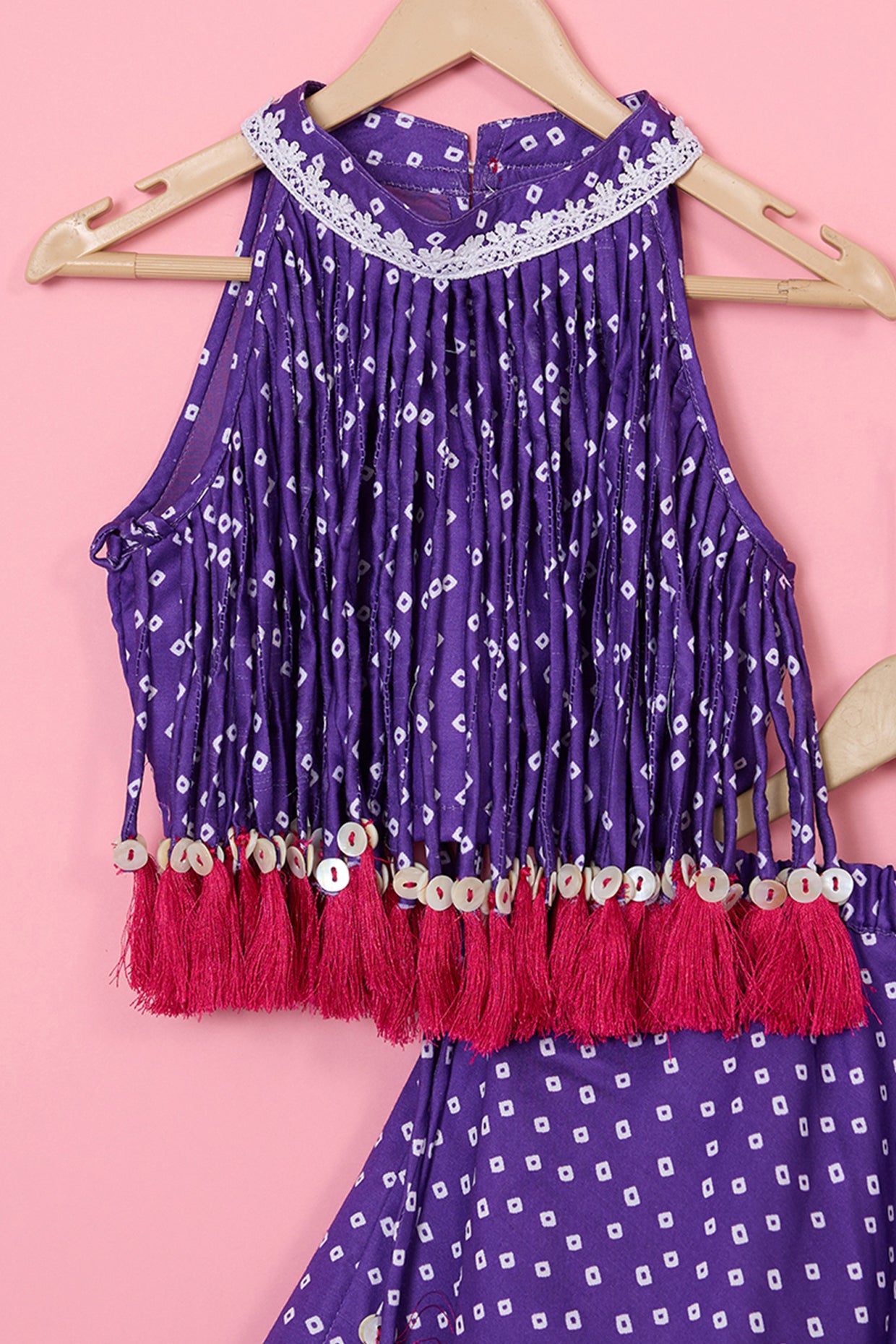 Purple Modal Satin Bandhani Printed Lehenga Set For Girls by Pankhuri by Priyanka - Kids at Pernia's Pop Up Shop