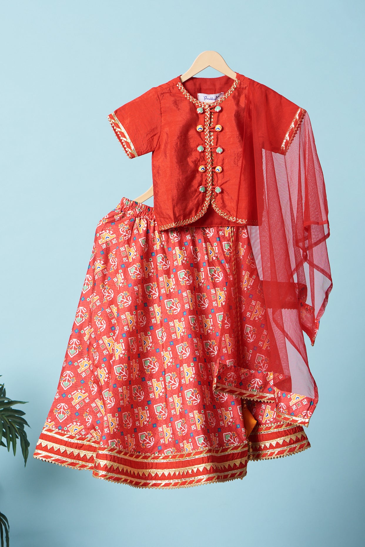 Red Printed Lehenga Set For Girls by Pankhuri by Priyanka - Kids at Pernia's Pop Up Shop
