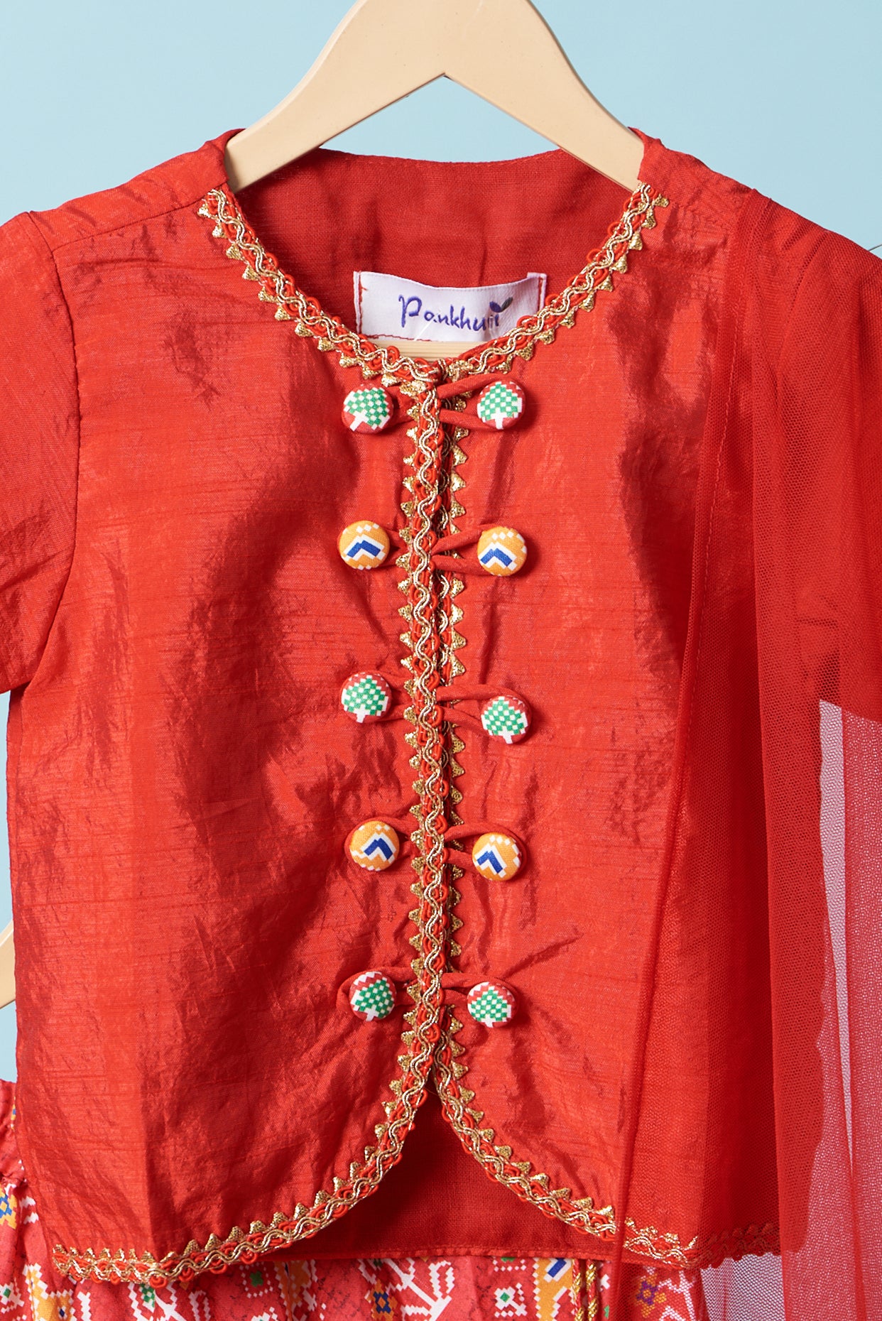 Red Printed Lehenga Set For Girls by Pankhuri by Priyanka - Kids at Pernia's Pop Up Shop