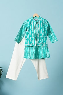 Turquoise Block Printed Kurta Set For Boys by Pankhuri by Priyanka - Kids at Pernia's Pop Up Shop