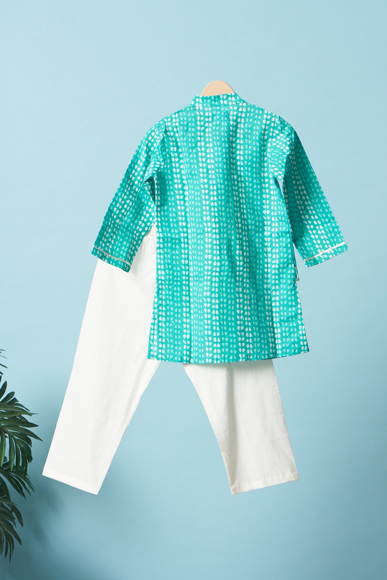 Turquoise Block Printed Kurta Set For Boys by Pankhuri by Priyanka - Kids at Pernia's Pop Up Shop