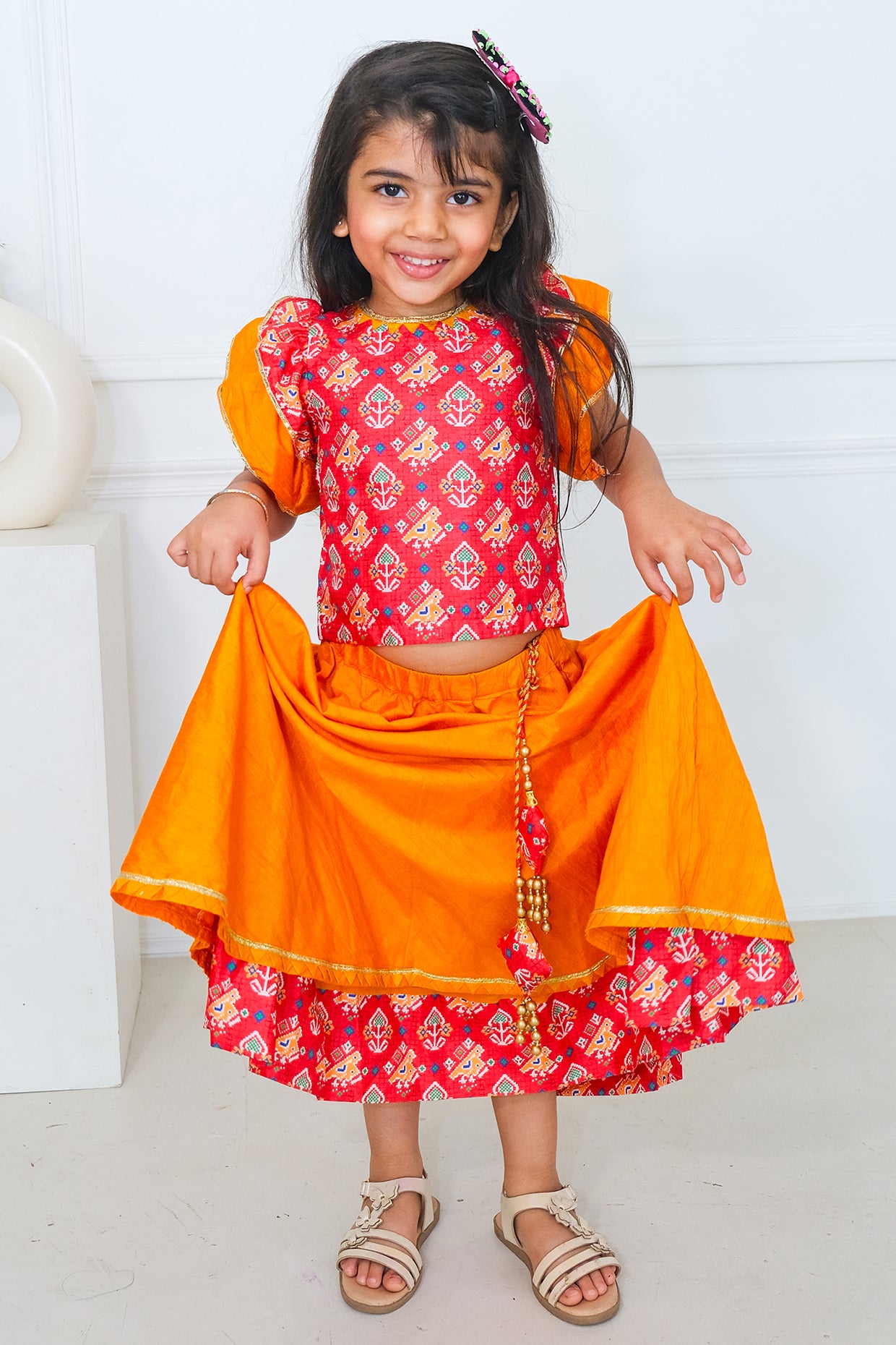 Red & Yellow Silk Patola Printed Lehenga Set For Girls by Pankhuri by Priyanka - Kids at Pernia's Pop Up Shop