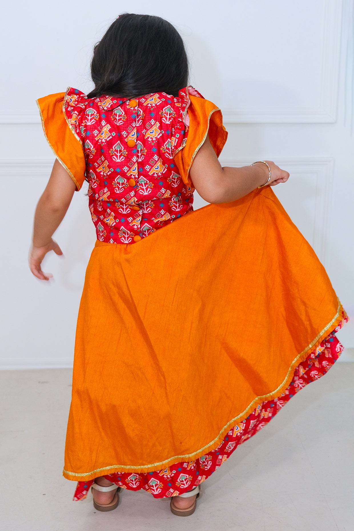 Red & Yellow Silk Patola Printed Lehenga Set For Girls by Pankhuri by Priyanka - Kids at Pernia's Pop Up Shop