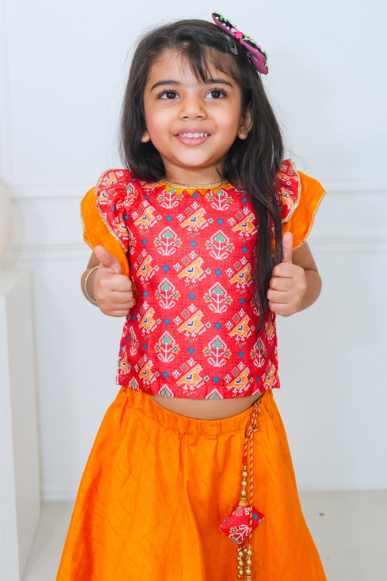 Red & Yellow Silk Patola Printed Lehenga Set For Girls by Pankhuri by Priyanka - Kids at Pernia's Pop Up Shop
