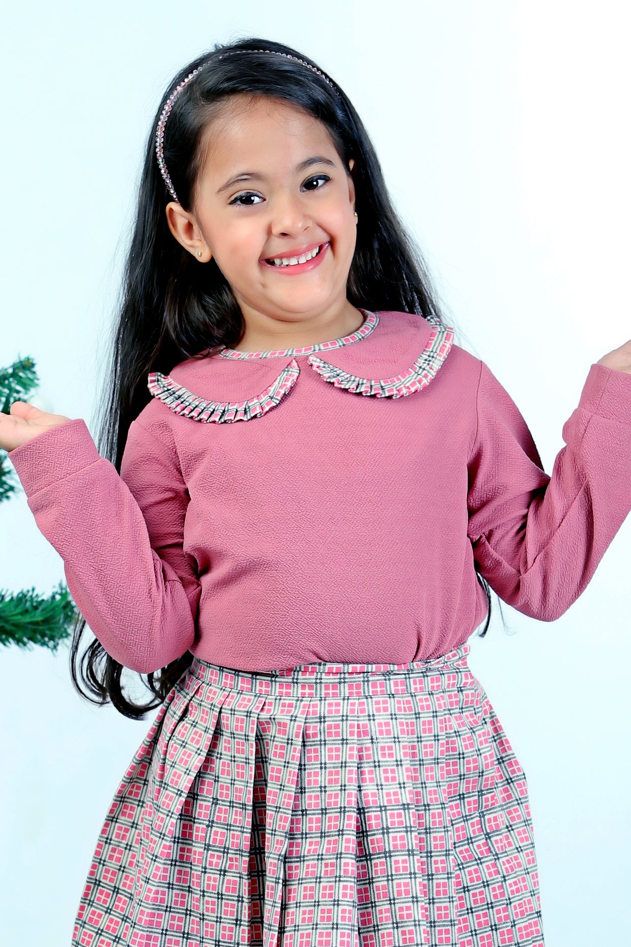 Pink Corduroy & Blended Wool Checkered Printed Skirt Set For Girls by Pankhuri by Priyanka - Kids at Pernia's Pop Up Shop
