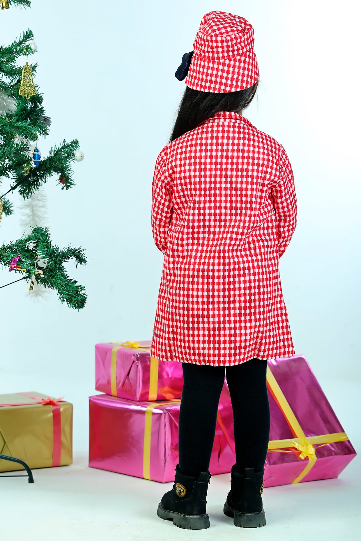 Red & Black Corduroy Checkered Printed A-Line Dress For Girls by Pankhuri by Priyanka - Kids at Pernia's Pop Up Shop