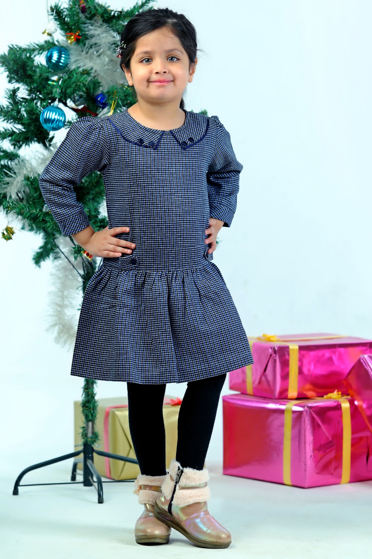 Grey Corduroy & Blended Wool Checkered Printed Ruffled Dress For Girls by Pankhuri by Priyanka - Kids at Pernia's Pop Up Shop