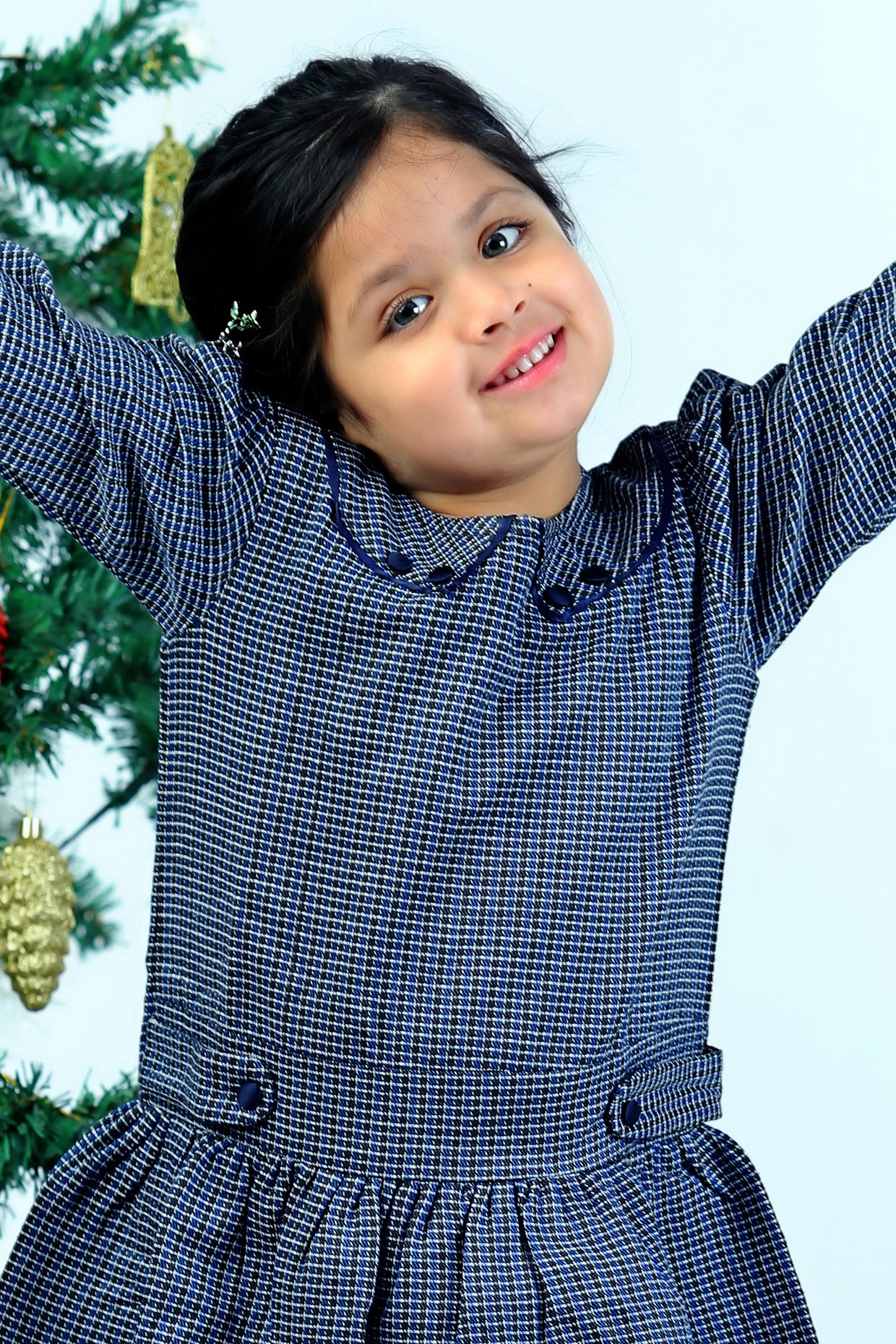 Grey Corduroy & Blended Wool Checkered Printed Ruffled Dress For Girls by Pankhuri by Priyanka - Kids at Pernia's Pop Up Shop