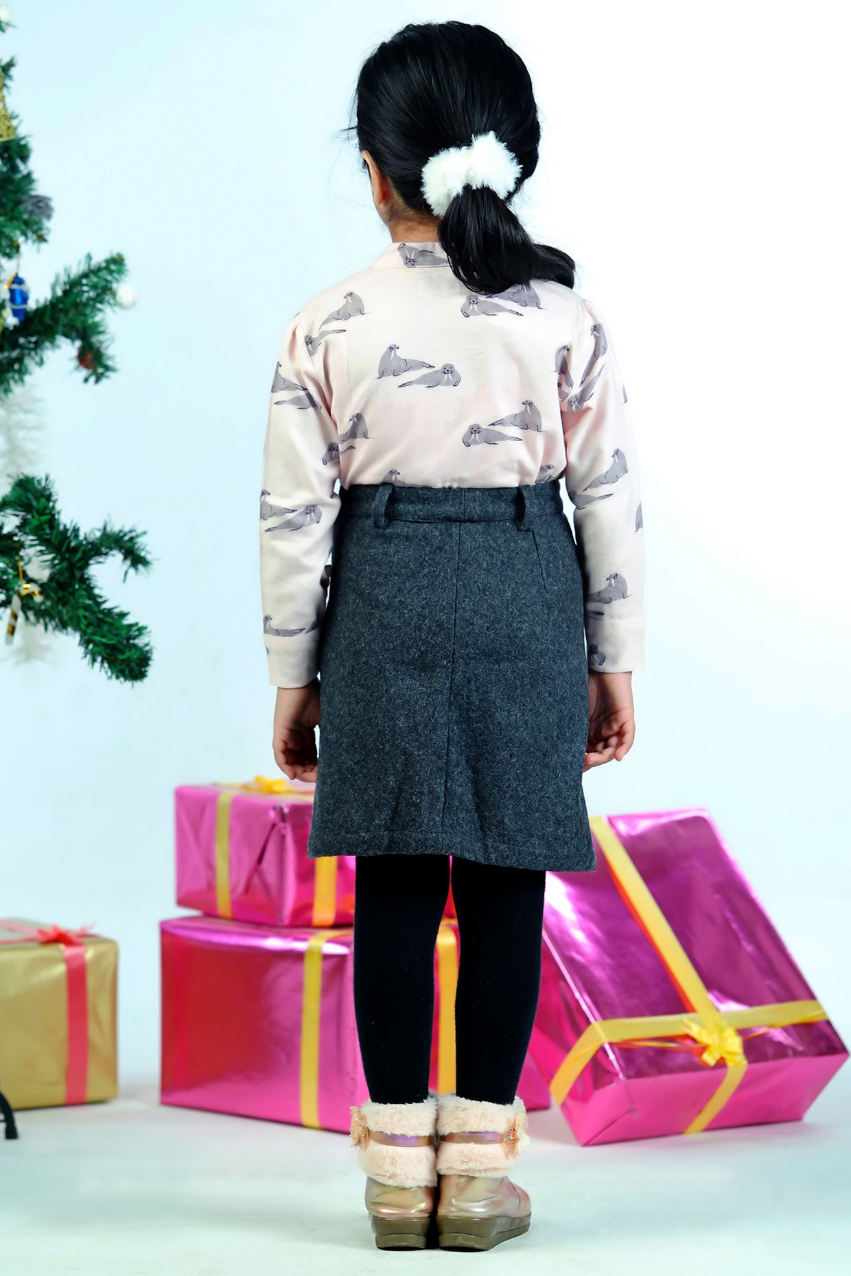 Grey Corduroy & Blended Wool Skirt Set For Girls by Pankhuri by Priyanka - Kids at Pernia's Pop Up Shop