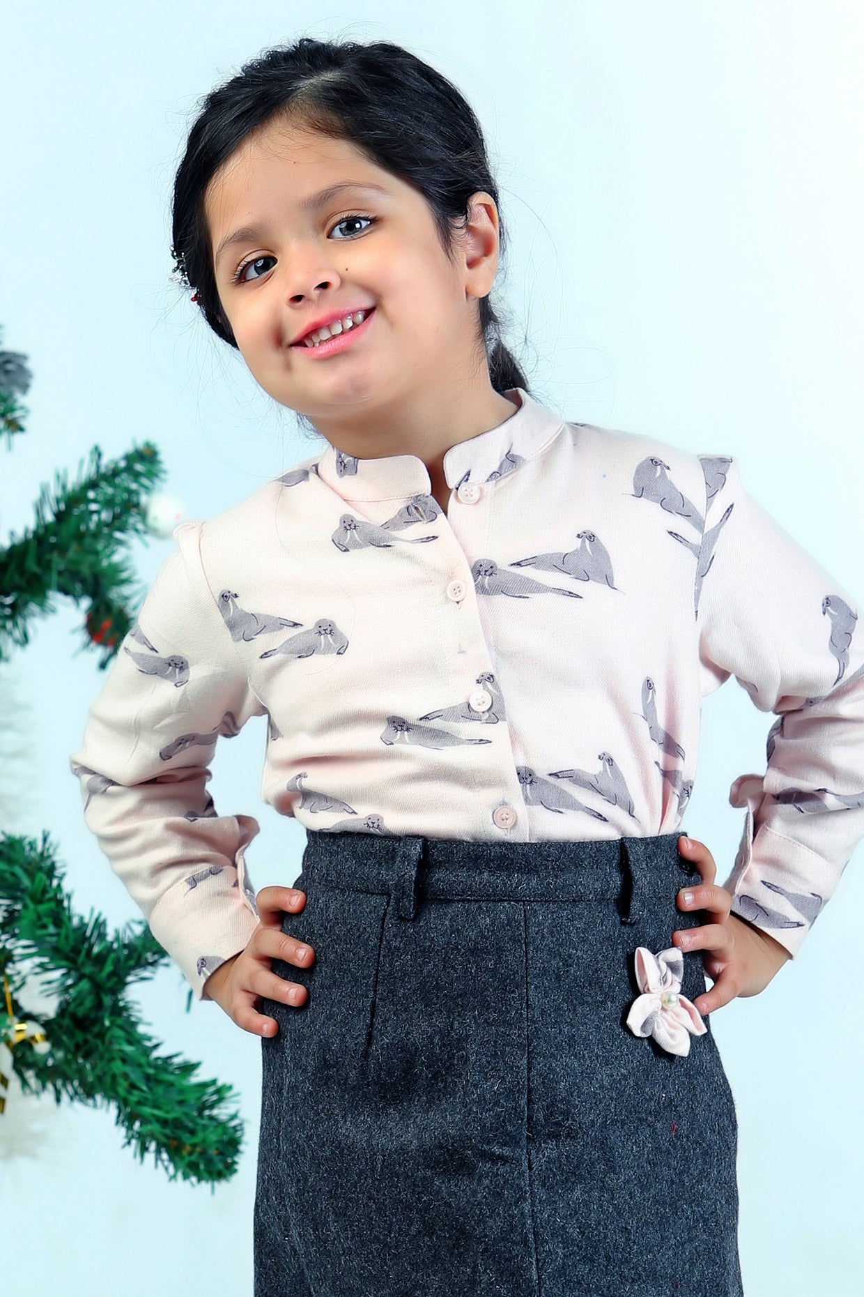Grey Corduroy & Blended Wool Skirt Set For Girls by Pankhuri by Priyanka - Kids at Pernia's Pop Up Shop