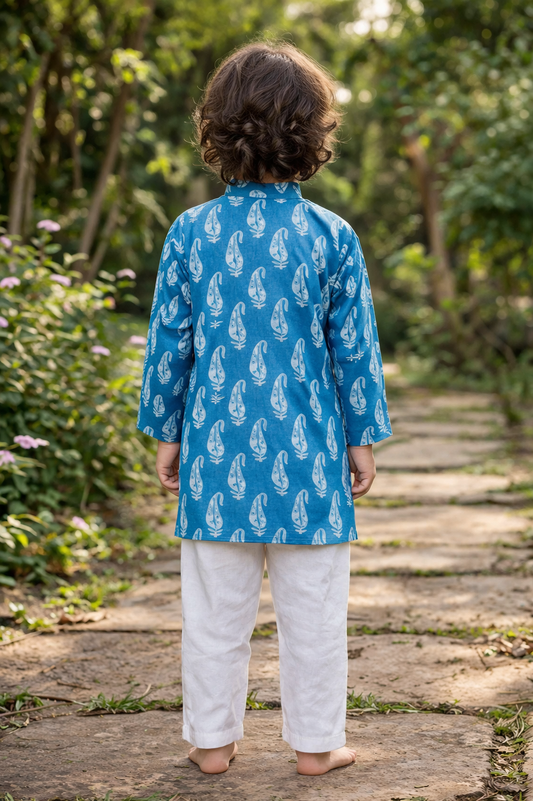 Blue Printed Cotton Kurta with Pajama