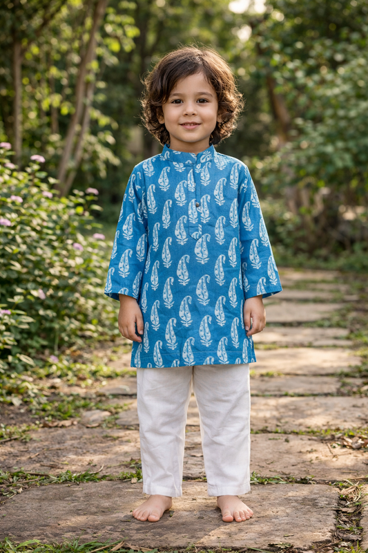 Blue Printed Cotton Kurta with Pajama